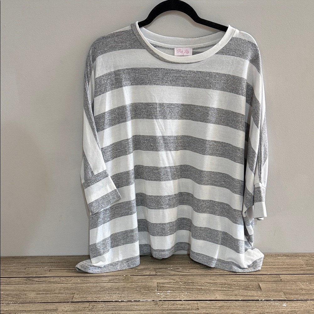 Pink Lily Gray and White Striped poncho style light weight sweater